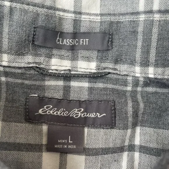 Eddie Bauer Shirt Mens Large Grey White Plaid Casual Button Up Classic Fit - Picture 3 of 7